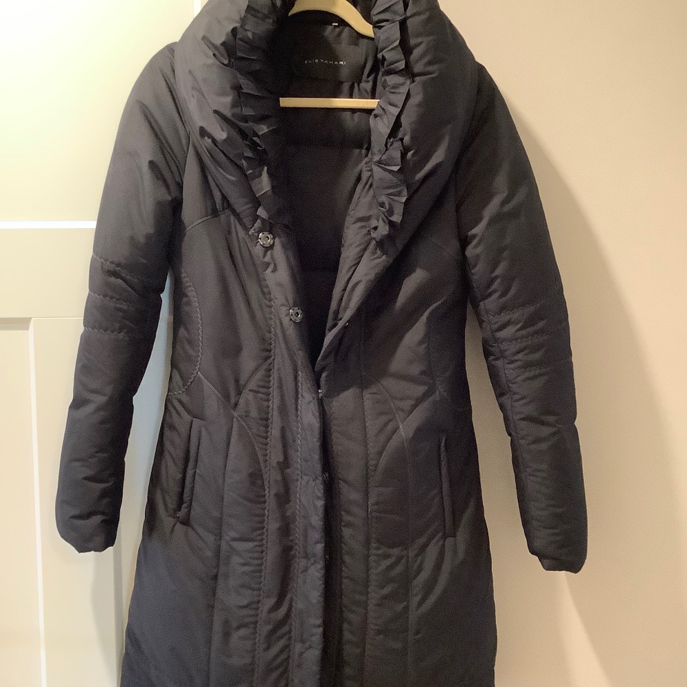 Elie Tahari Ladies down coat. Soft black with ruffled trim tall collar- elegant!